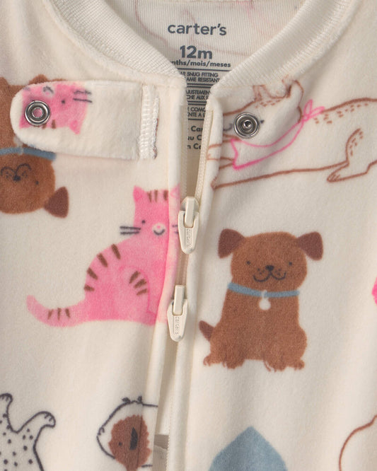 Carter's Baby Girl 1-Piece Pets 2-Way Zip DreamPlush Snug Fit Pyjama - Cream