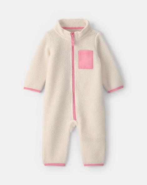 Carter's Baby Girl Color Block Fleece Long-Sleeve Jumpsuit - Cream/Pink