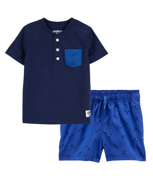 Oshkosh Kid Jersey Pocket Henley with Palm Print Quick Dry Hybrid Shorts