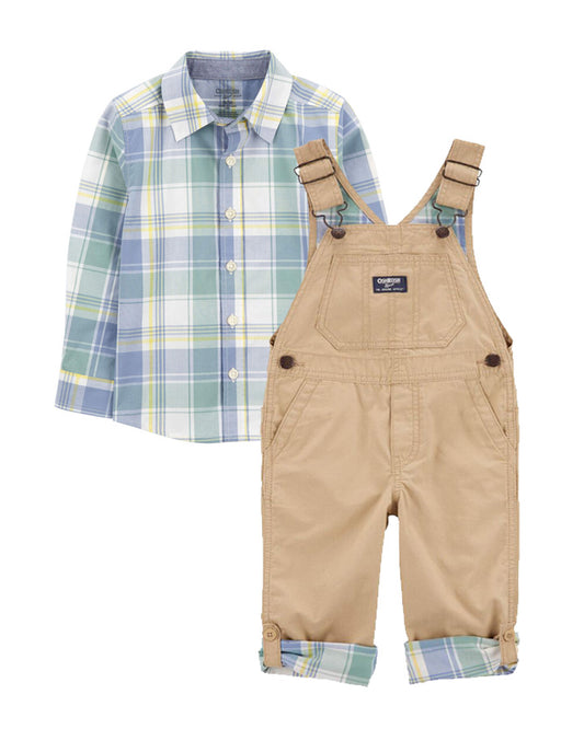 Oshkosh Lightweight Canvas Overalls with Plaid Button-Front Shirt