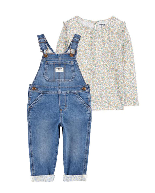 Oshkosh Floral Lined Stretch Denim Overalls with Floral Print Jersey Top