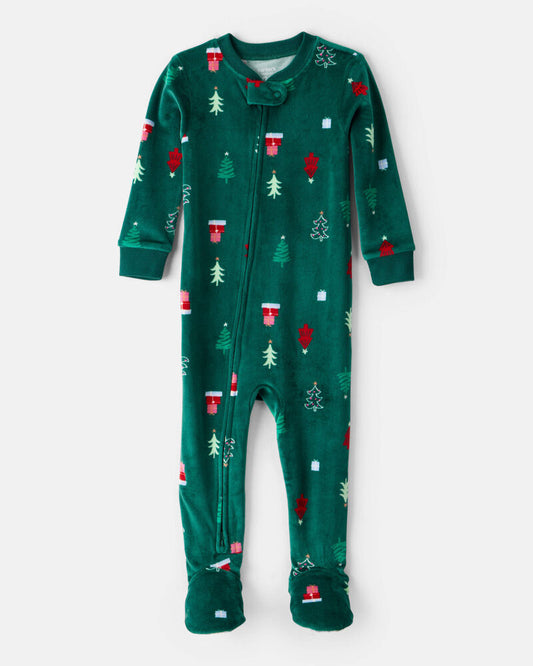 Carter's Toddler Christmas Tree Print Velour Long-Sleeve Loose Fit 1-Piece pyjamas - Green