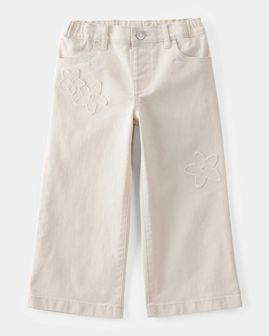 Oshkosh Toddler Floral Embroidered Iconic Denim Wide Leg Jeans - Cream