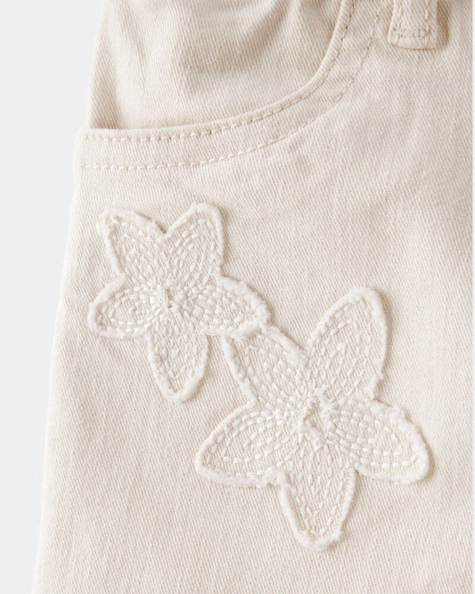 Oshkosh Toddler Floral Embroidered Iconic Denim Wide Leg Jeans - Cream
