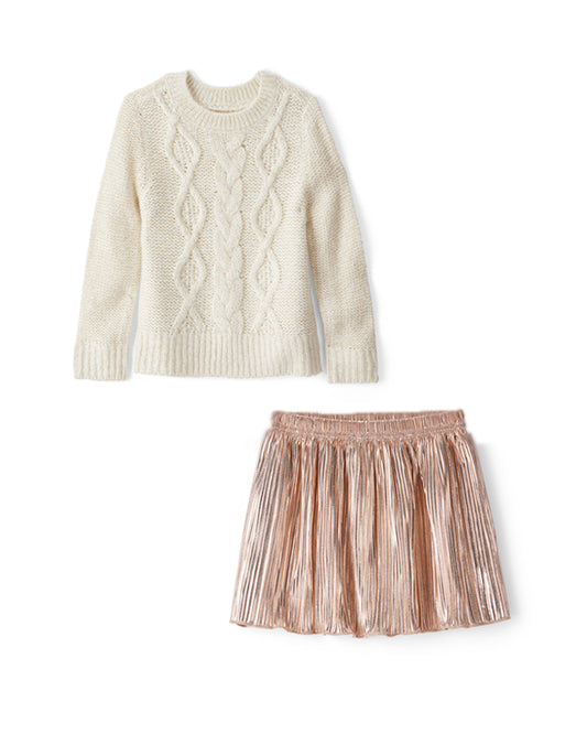 Oshkosh Toddler Girl Metallic Cable Knit Long-Sleeve Sweater with Metallic Pleated Skirt