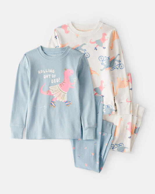 Carter's Toddler Girl Dinosaur Print 100% Cotton Long-Sleeve 4-Piece Pyjamas - Blue/White