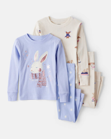 Carter's Toddler Girl Bunny Print 100% Cotton Long-Sleeve Snug Fit 4-Piece Pajamas - Brown/Blue