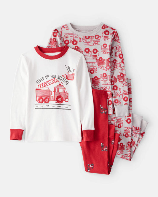 Carter's Toddler Boy Firetruck Print 100% Cotton Long-Sleeve 4-Piece Pyjamas - Red/White