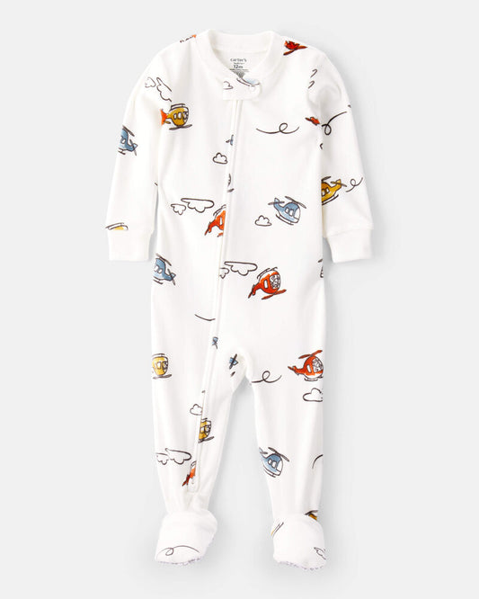 Carter's Toddler Boy Helicopter Print DreamPlush Snug Fit Long-Sleeve 2-Way Zip 1-Piece Pyjamas - White