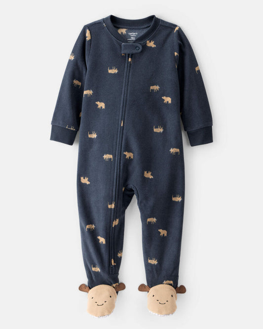 Carter's Toddler Boy Moose & Bear Print Loose Fit Fleece Long-Sleeve 2-Way Zip 1-Piece Pyjamas - Navy