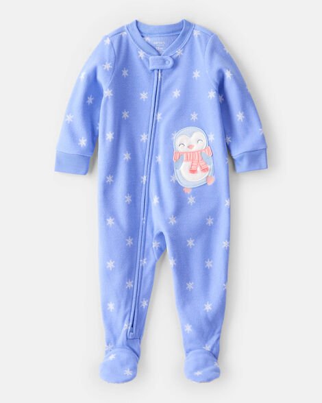 Carter's Toddler Girl Penguin Fleece Long-Sleeve Loose Fit 1-Piece Pajamas - Blue