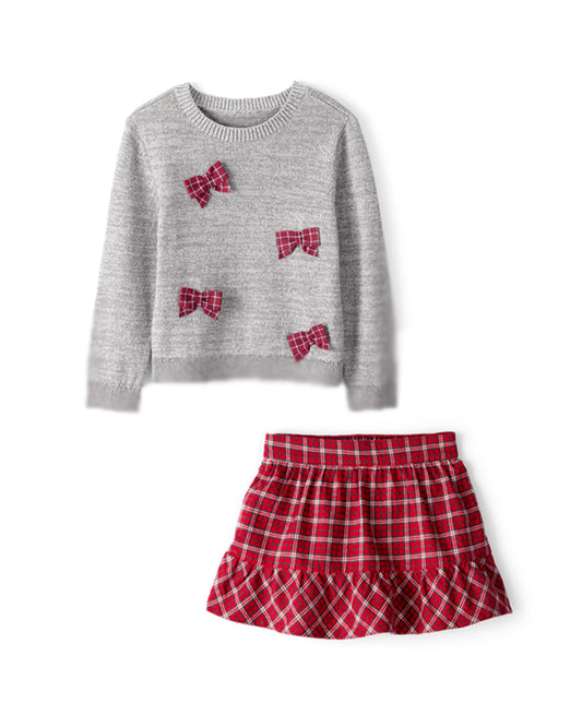 Carter's Toddler Girl Bow Cotton Long-Sleeve Sweater with Plaid Cotton Skirt