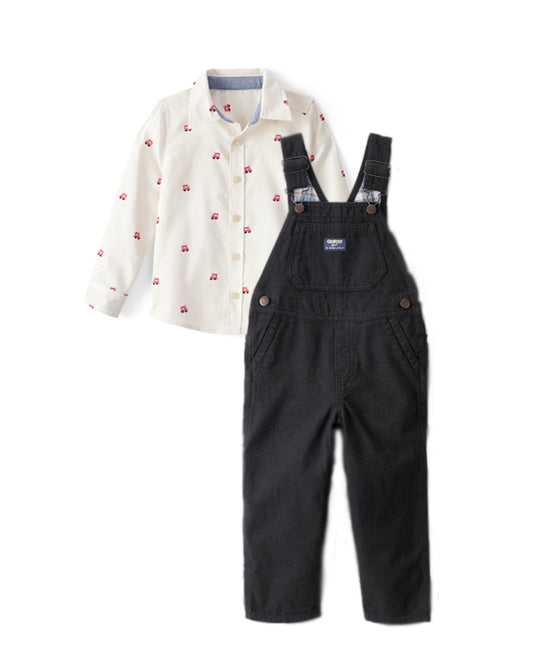 Oshkosh Toddler Boy Train Print Button-Down Shirt with Herringbone Overalls