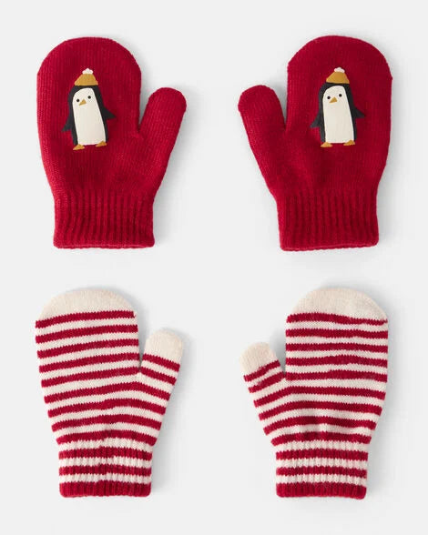 Carter's Toddler Boy 2-Pack Penguin Striped Winter Mittens - Red