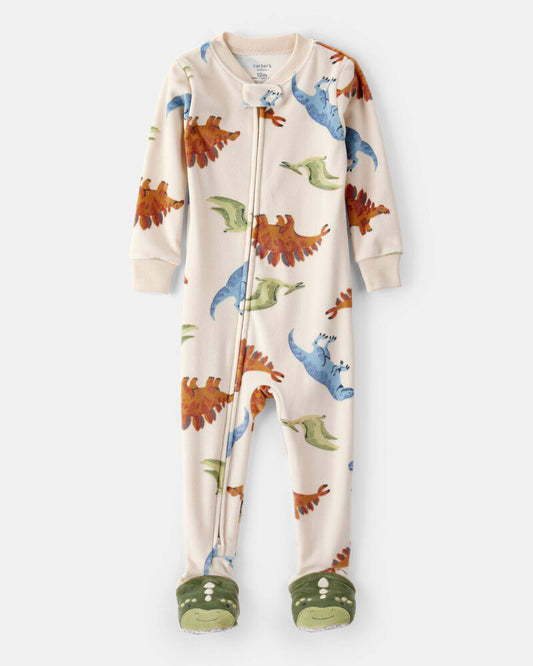 Carter's Toddler Boy Dinosaur Print DreamPlush Snug Fit Long-Sleeve 2-Way Zip 1-Piece Pyjamas - White