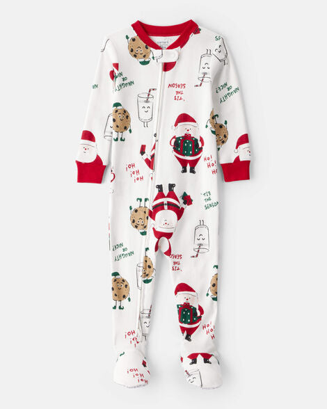 Carter's Toddler Beige Santa Milk & Cookies 100% Cotton Long-Sleeve Snug Fit 1-Piece Pajamas - White