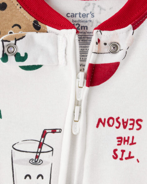 Carter's Toddler Beige Santa Milk & Cookies 100% Cotton Long-Sleeve Snug Fit 1-Piece Pajamas - White