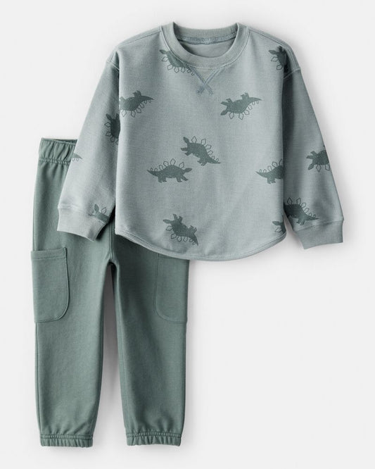 Carter's Toddler Boy Dinosaur French Terry Long-Sleeve Tee & Pant Set- Green/Grey