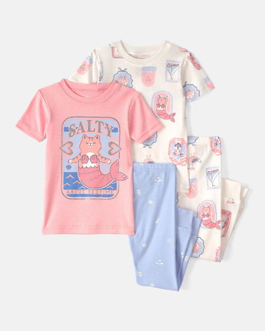 Carter's Toddler Girl Mermaid Cat 100% Cotton Snug Fit 4-Piece Pyjama Set - Pink/Ivory