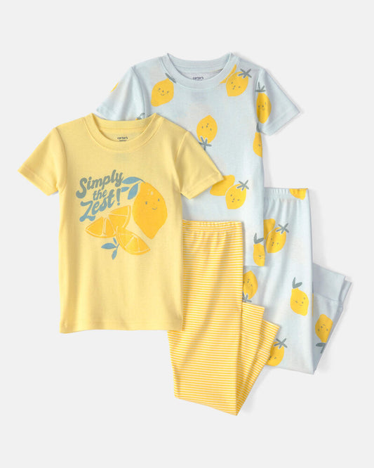 Carter's Toddler Girl Lemon 100% Cotton Snug Fit 4-Piece Pyjama Set - Blue/Yellow