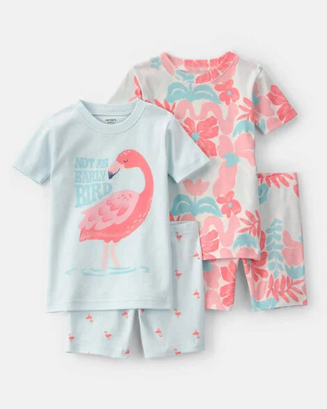 Carter's Toddler Girl Flamingo 100% Cotton Short-Sleeve Snug Fit 4-Piece Pajama Set - Pink/Blue