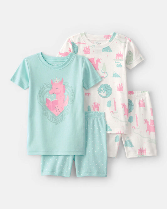 Carter's Toddler Girl Fairy Tale Dragon 100% Cotton Short-Sleeve Snug Fit 4-Piece pyjama Set - Blue/Ivory