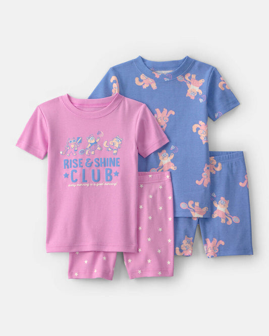 Carter's Toddler Girl Cat 100% Cotton Short-Sleeve Snug Fit 4-Piece pyjama Set - Purple/Blue