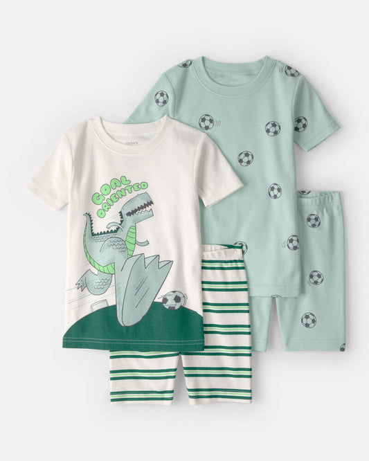 Carter's Toddler Boy Soccer Dino 100% Cotton Short-Sleeve Snug Fit 4-Piece pyjama Set - Green