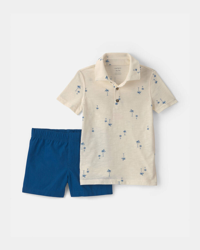 Carter's Toddler Boy 2-Piece Palm Tree Polo & Short Set - Blue/Ivory