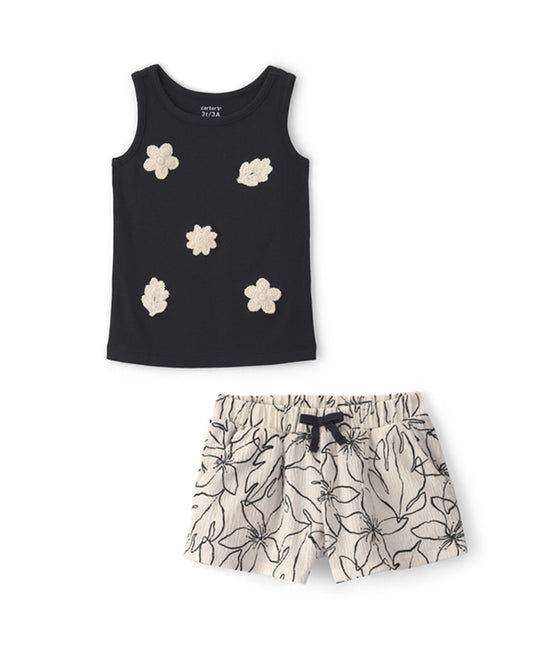 Toddler Girl Floral Embroidered Tank Top with Floral Crinkle Shorts