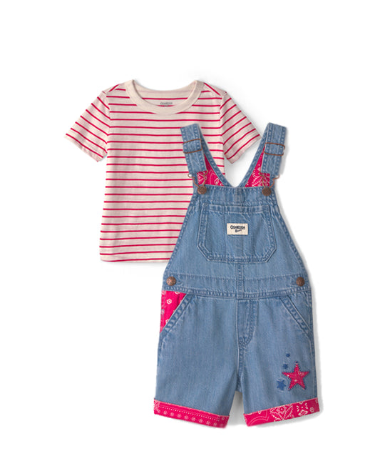 Oshkosh Toddler Girl Bandana Denim Shortall with Striped Top