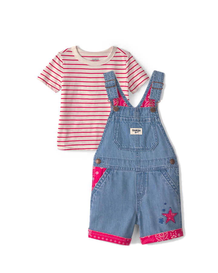 Oshkosh Toddler Girl Bandana Denim Shortall with Striped Top