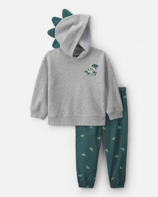 Carter's Toddler Boy 2-Piece Dinosaur Fleece Long-Sleeve Hooded Top & Pant Set - Grey/Green