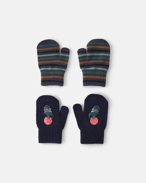 Toddler Boy 2-Pack Astronaut Dinosaur Striped Mittens - Black/Blue