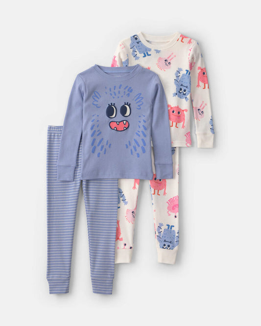 Carter's Toddler Girl 4-Piece Monster 100% Cotton Snug Fit Pyjama Set - Blue/Cream