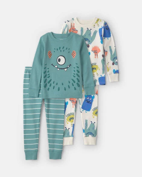 Carter's Toddler Boy 4-Piece Monster 100% Cotton Snug Fit Pajama Set - Teal/Cream