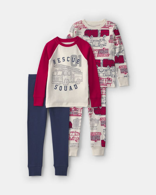 Carter's Toddler Boy 4-Piece 'Rescue Squad' 100% Cotton Snug Fit Pyjama Set - Red/Cream