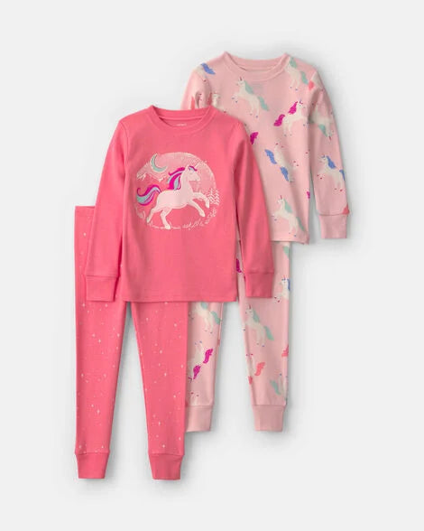 Carter's Toddler Girl 4-Piece Unicorn 100% Cotton Snug Fit Pajama Set - Coral/Pink
