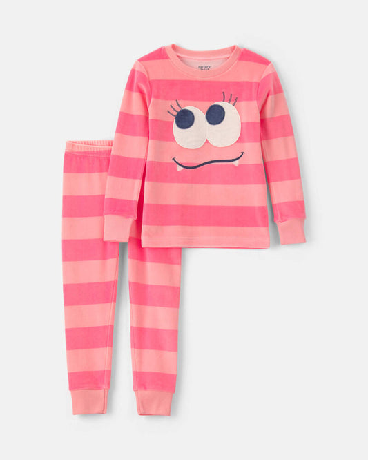 Carter's Toddler Girl 2-Piece Monster Striped DreamPlush Snug Fit Pyjama Set - Coral