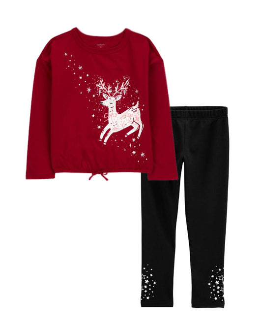 Carter's Kid Reindeer Christmas Flutter Top with Ribbed Leggings