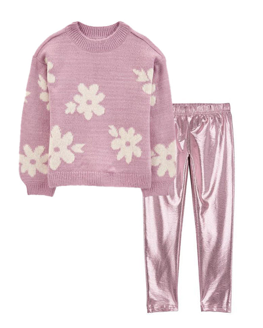 Carter's Kid Floral Mohair-Like Sweater with Metallic Leggings