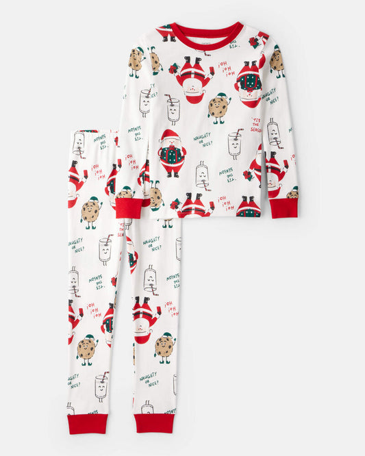 Carter's Kid Christmas Santa Print 100% Cotton Long-Sleeve Snug Fit 2-Piece pyjamas - White