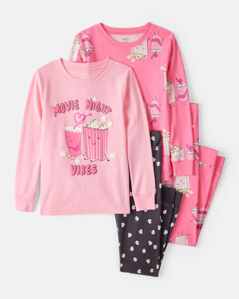 Carter's Girls Movie Print 100% Cotton Long-Sleeve 4-Piece Pajamas - Black/Pink