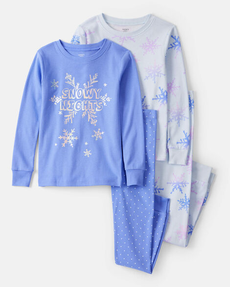 Carter's Girls Snowflake Print 100% Cotton Long-Sleeve Snug Fit 4-Piece Pajamas - Blue
