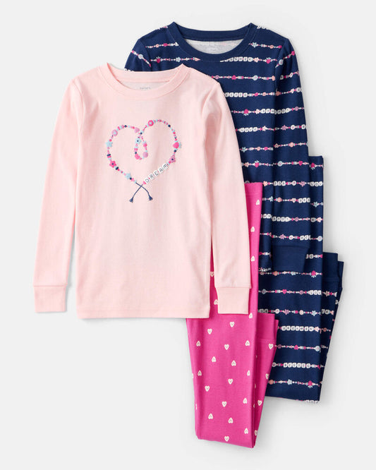 Carter's Girls Heart Print 100% Cotton Long-Sleeve Snug Fit 4-Piece Pyjamas - Navy/Pink