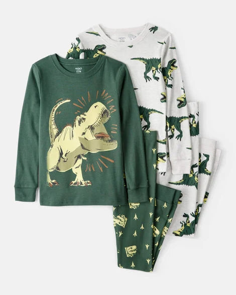 Carter's Boys Dinosaur Print 100% Cotton Long-Sleeve 4-Piece Pajamas - Green