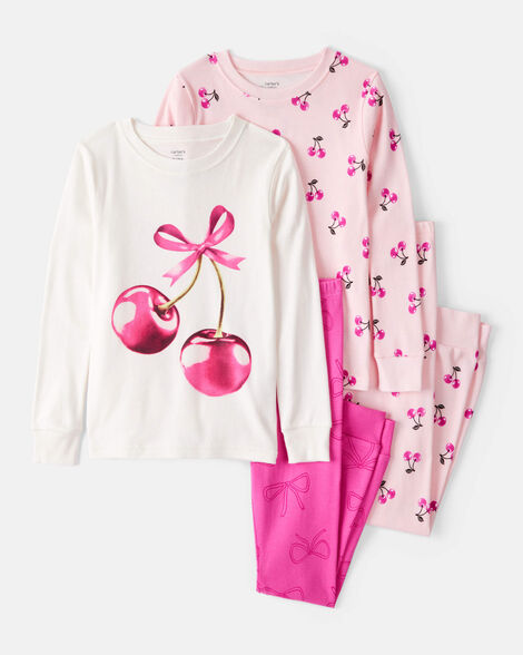 Carter's Girls Cherries Print 100% Cotton Long-Sleeve 4-Piece Pajamas - Pink/White