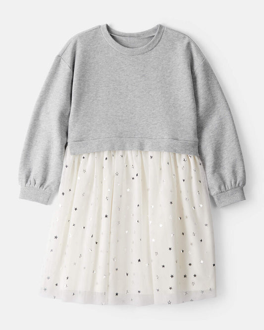 Carter's Girls Metallic Star Long-Sleeve Tulle Dress - Grey