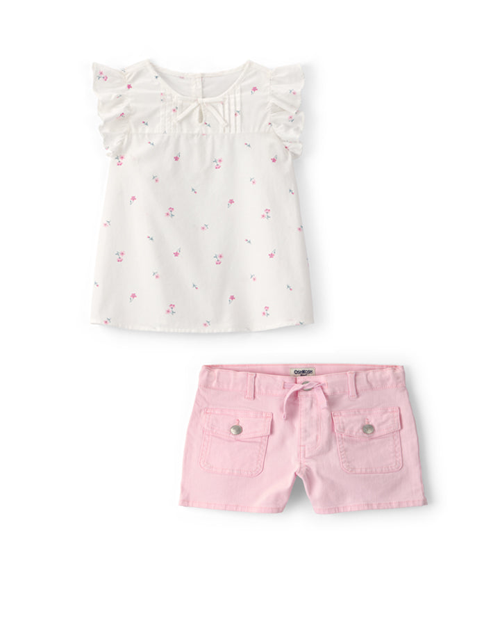 Oshkosh Girls Flutter-Sleeve Floral Top with Utility Shorts
