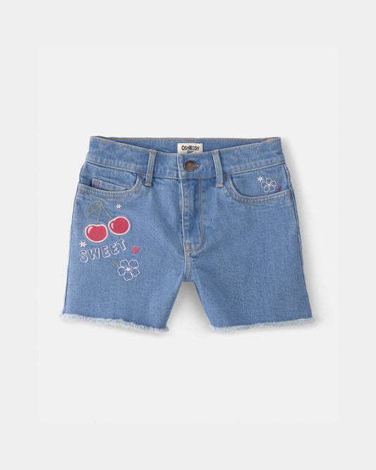 Oshkosh Girls Cherry Denim Embroidered Midi Shorts - Medium Wash